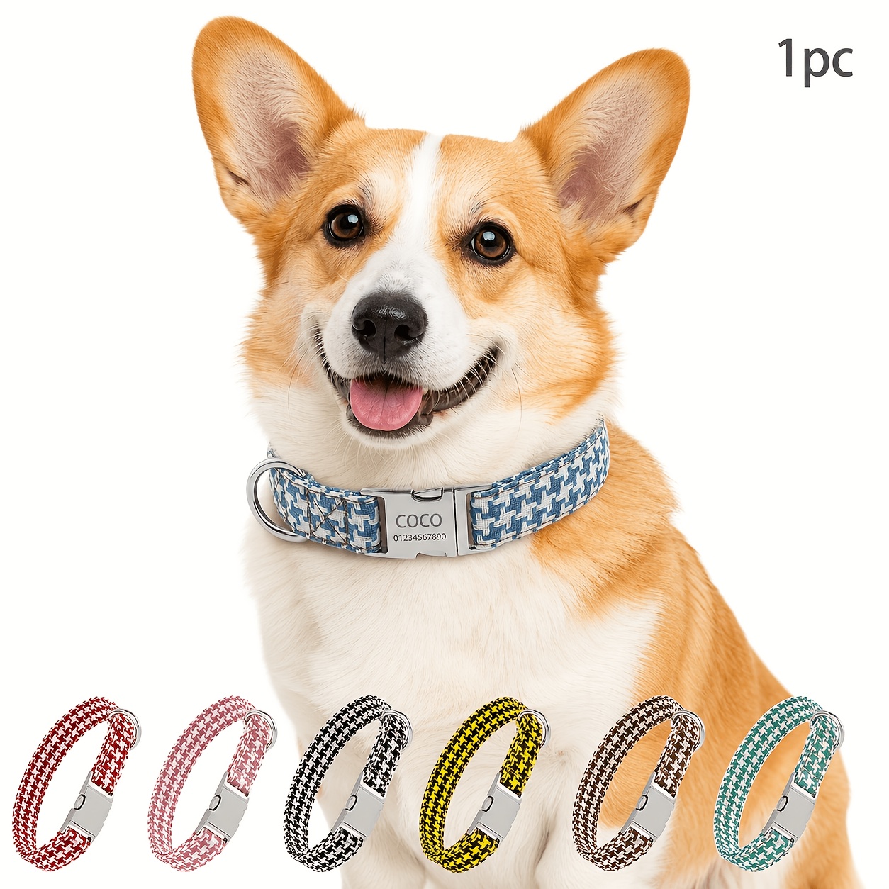Custom Engraved Houndstooth Dog Collar with Adjustable Quick Release Buckle