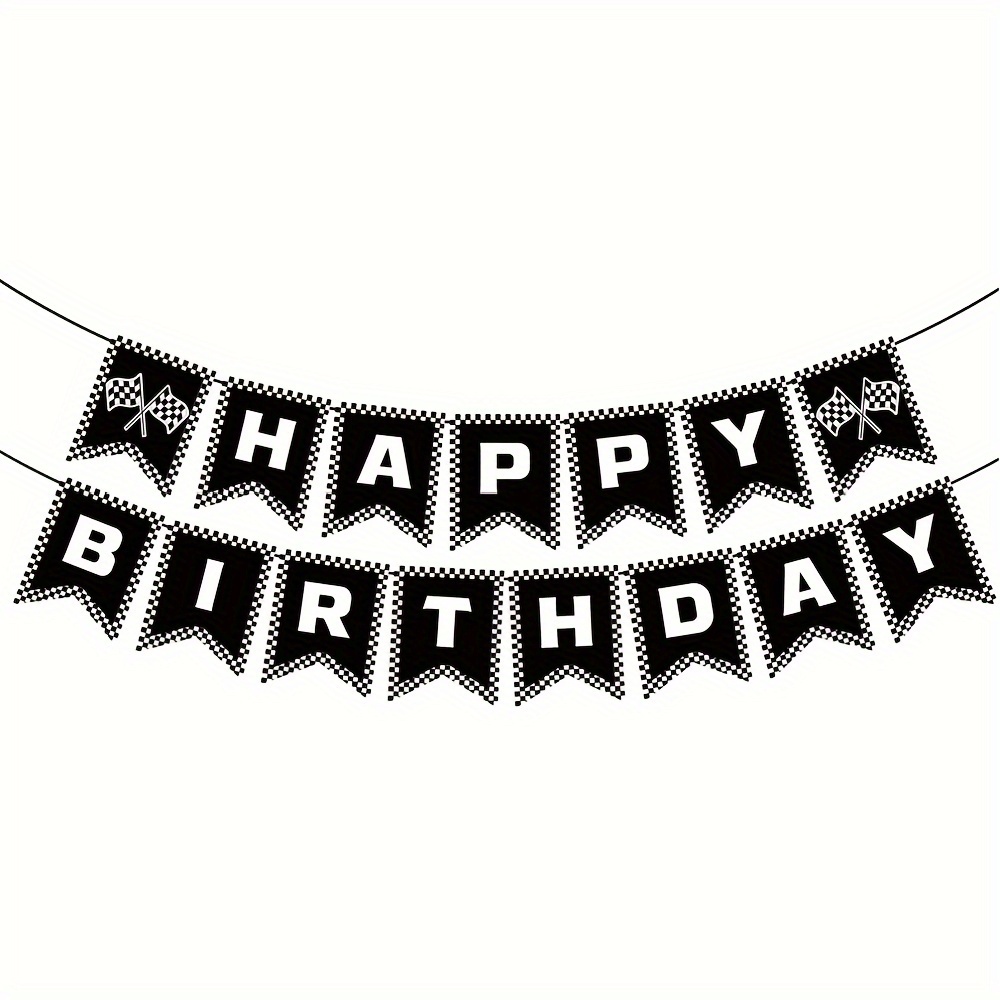 

Race Car Themed Happy Birthday Banner - Black & White Checkered Flags For Racing Party Decorations, Paper Material