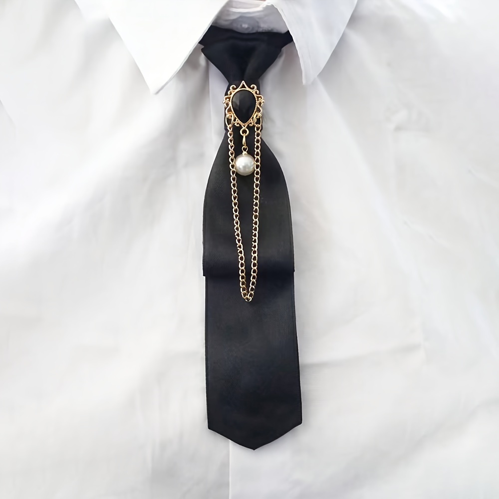 TEMU Retro Style Fashionable Casual Tie, Pearl Inlaid Beauty Head Decoration, Metal Chain, Adjustable Tie. This Fashionable Tie Is Suitable For Men