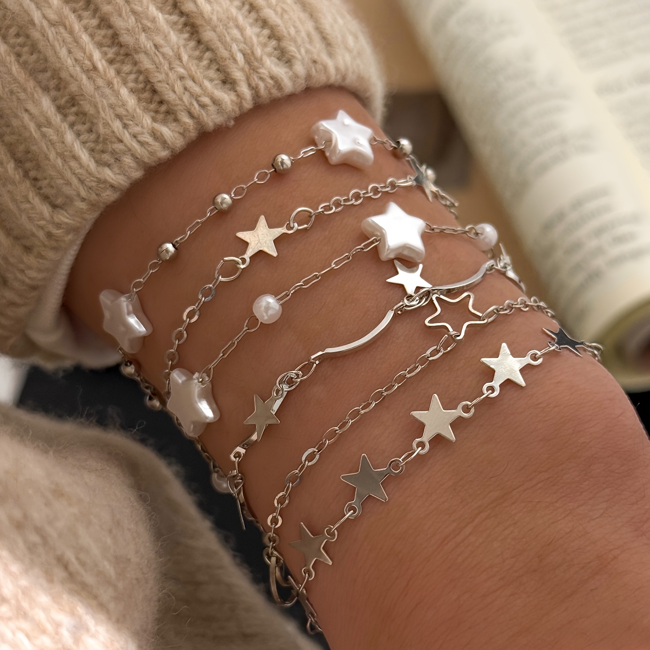 TEMU Conjunto de 6 piezas de cadena de hierro con de perlas, pulsera de cadena a , conjunto de capas, moda personalizada, casual, versátil,