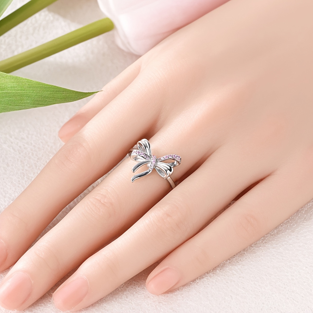 Silvery Color Adjustable Bow Ring, Luxury Gift Packaging