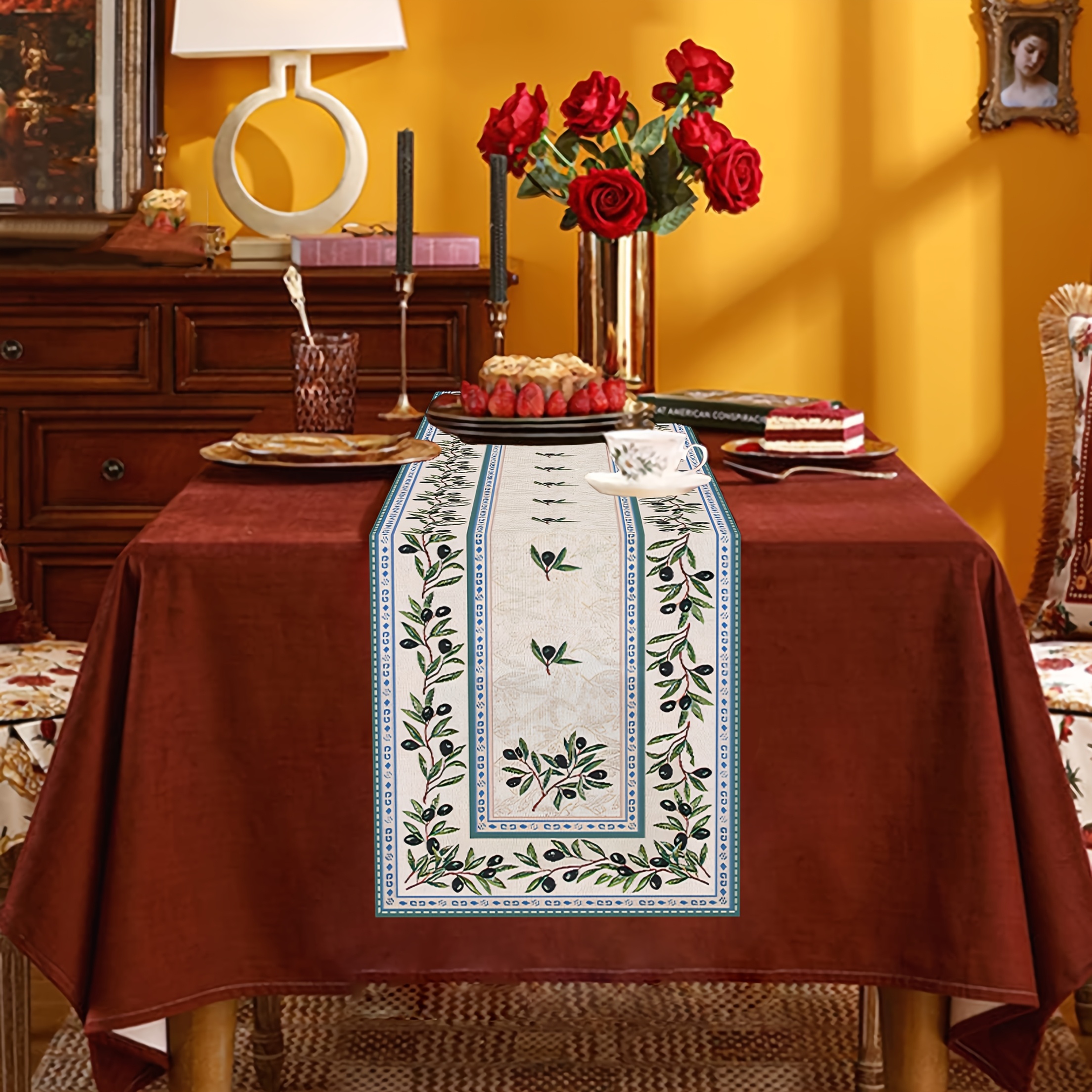 Vintage Olive Branch Table Runner And Placemats Set For Dining_voghion.com