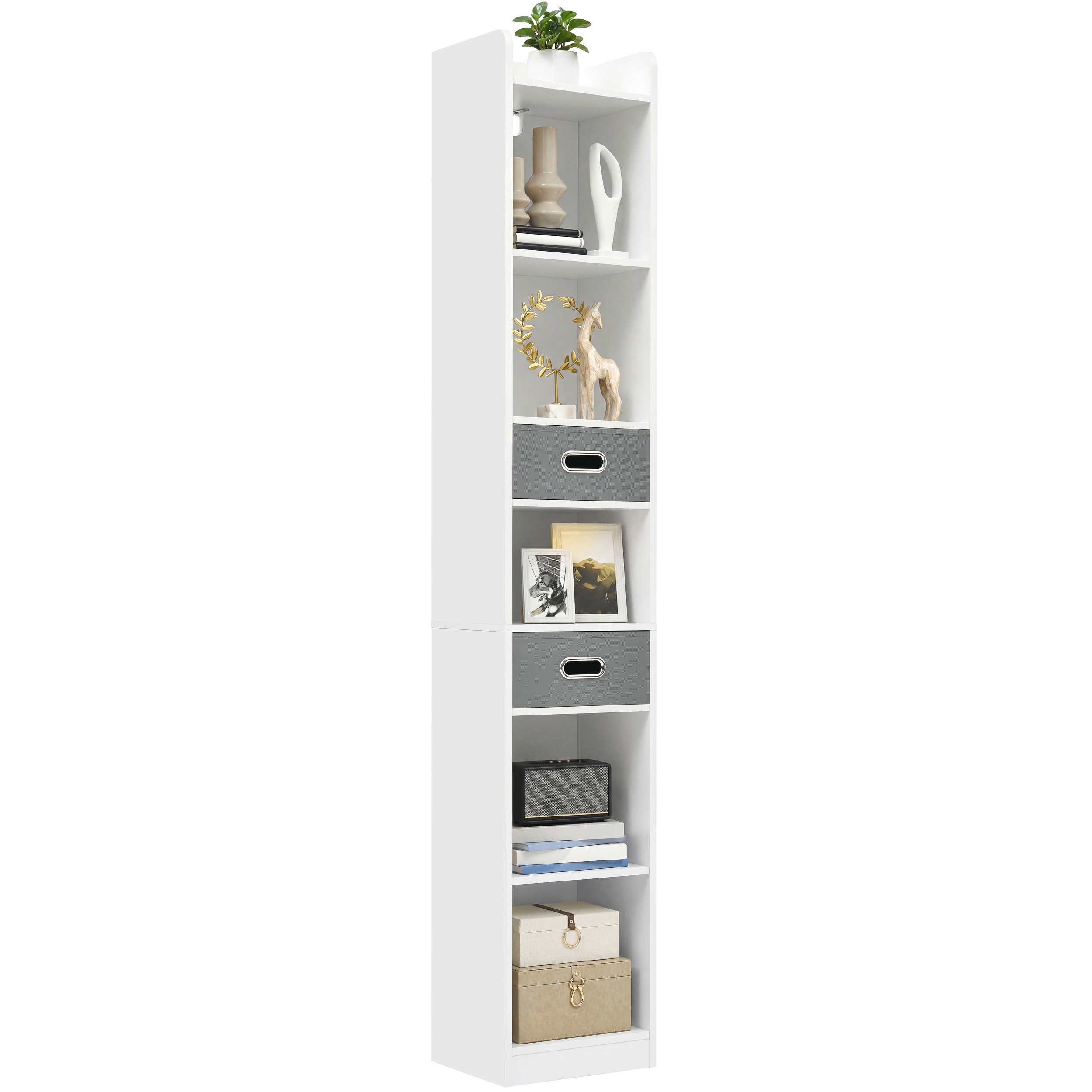 Tall Narrow Corner Bookcase, Freestanding 5-tier Display Shelf With 2 Fabric Drawers, Mdf Board, Oak Color, 30 X 24 X 180cm For Bedroom, Living Room & Office, Standing Shelf