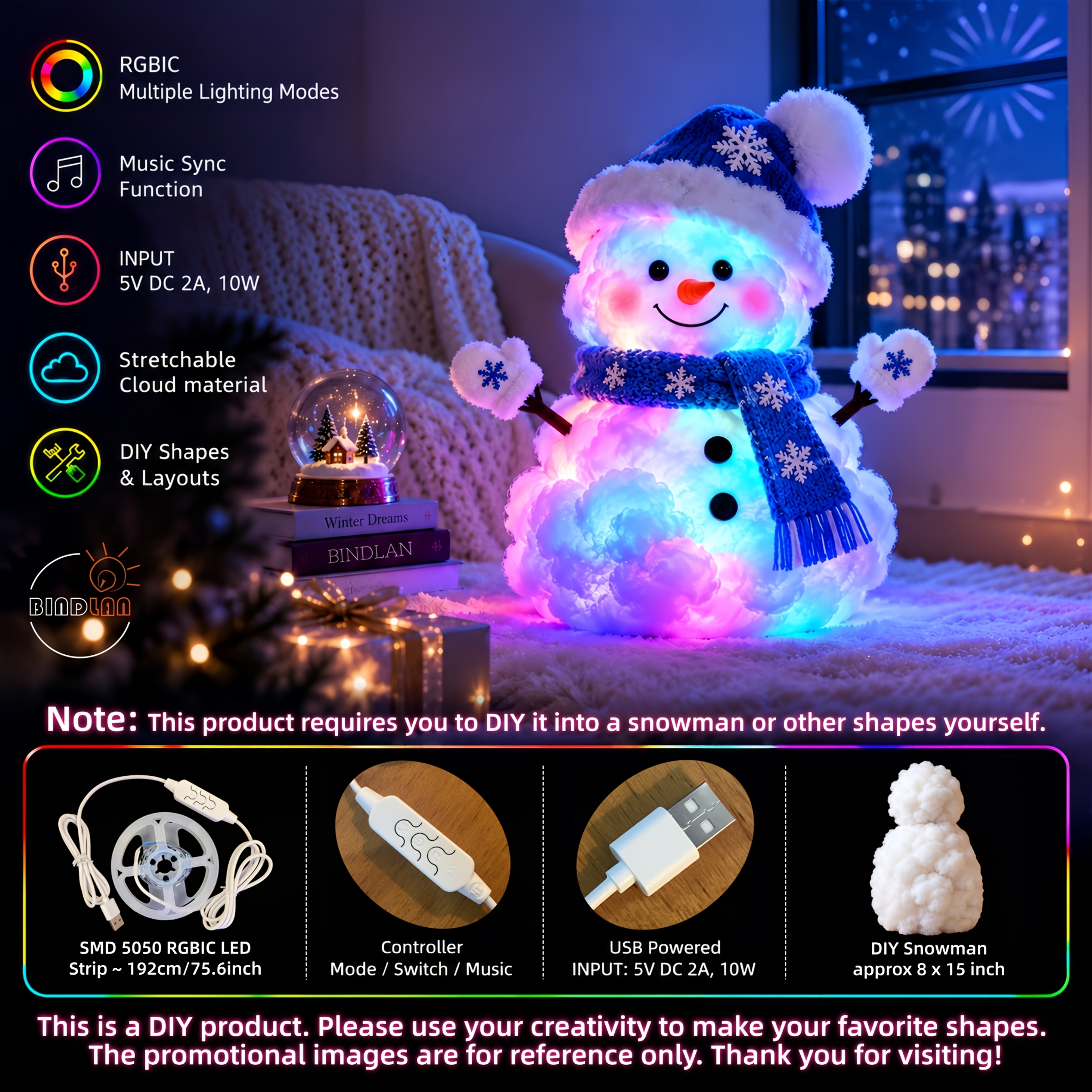 TEMU Led Smart Light Strip Music Sync All-holiday Decorative Lights, Into 3d Snowman/cloud/letter Lamp, Usb Powered Changing, For Christmas/halloween