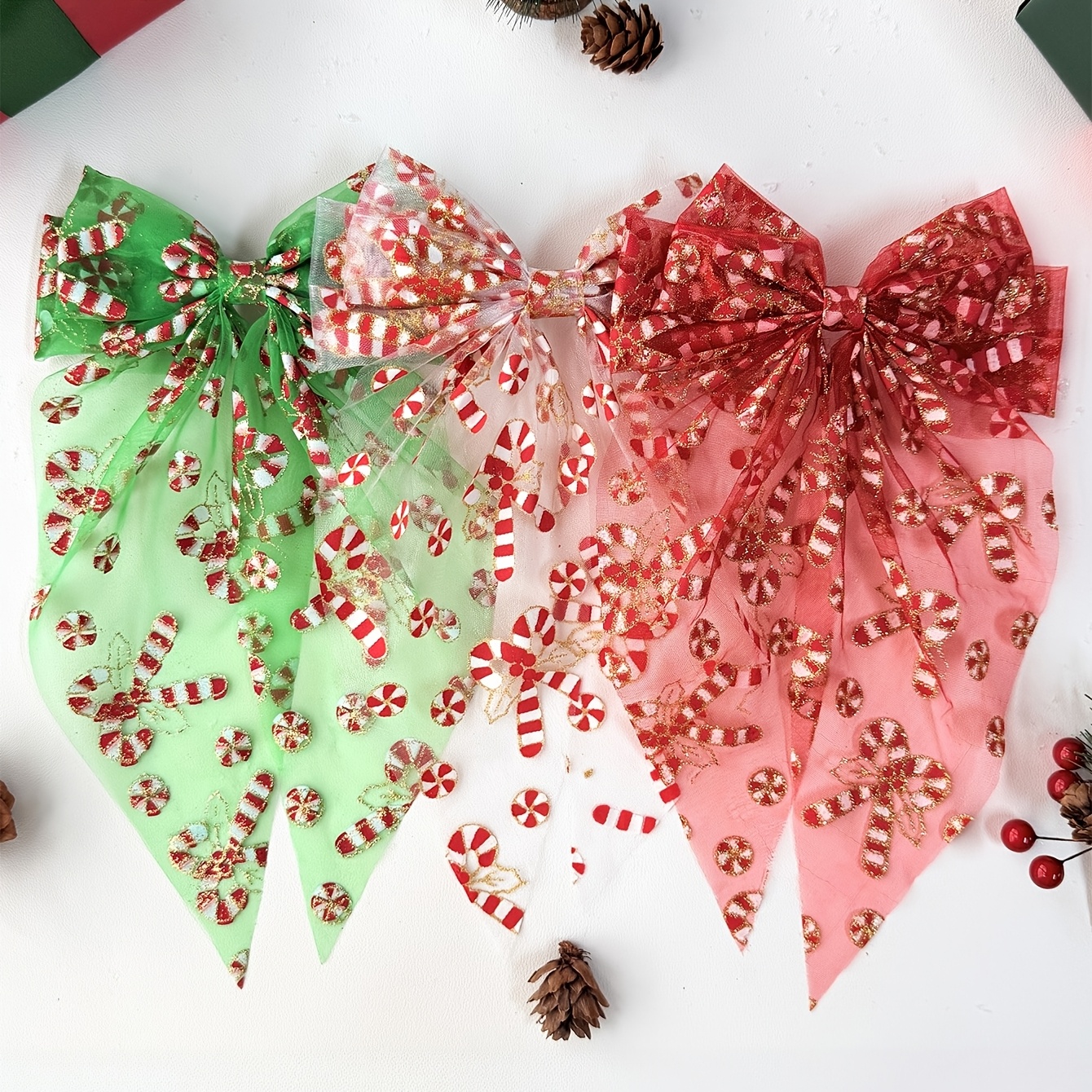 TEMU 3pcs Christmas Hair Clips, Cartoon Christmas Candy Cane Element Print Oversized Long Flowing Bow Hair Accessories, Suitable For Autumn/winter