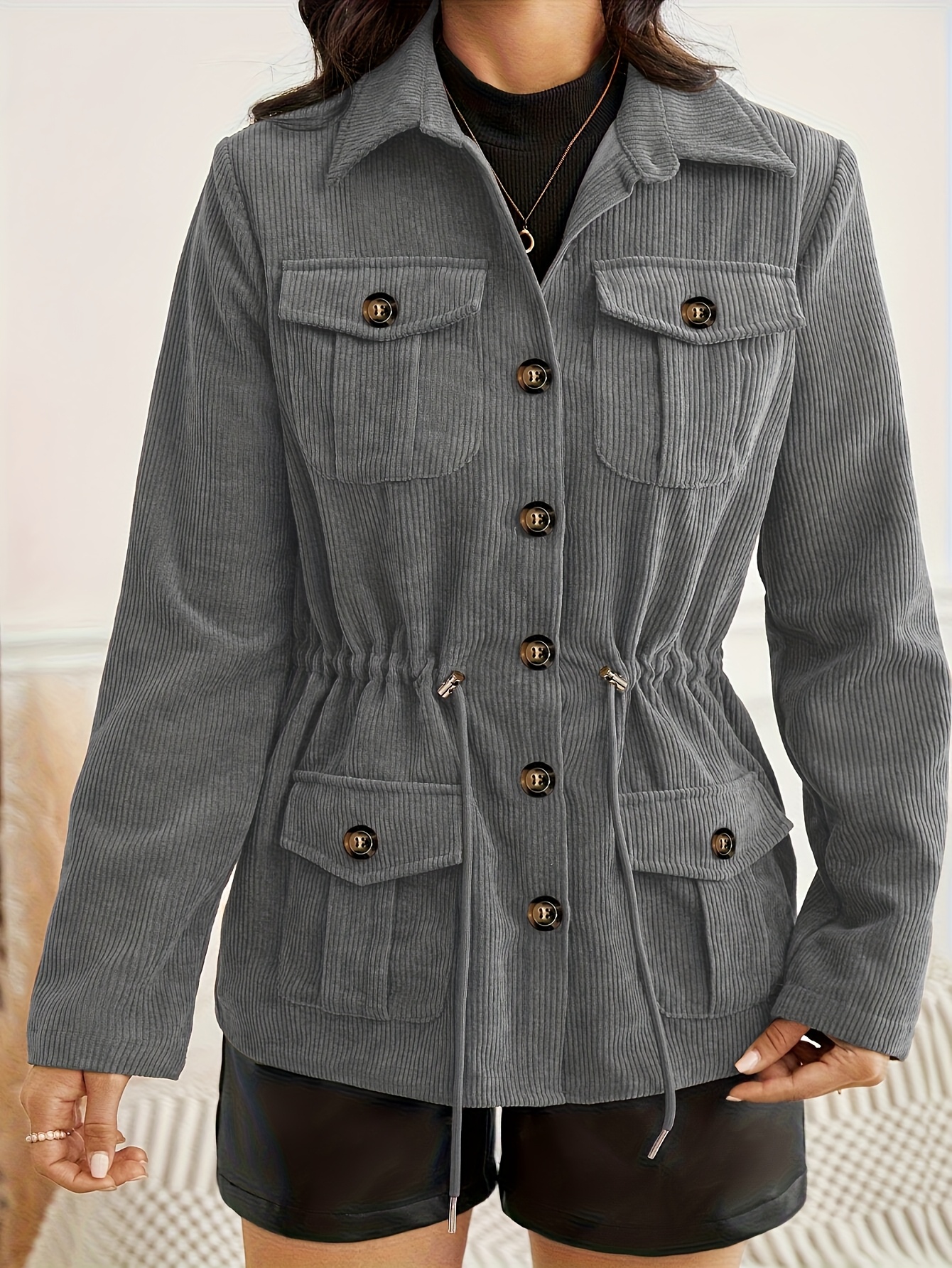 veste décontractée convertible pour femme avec capuche à cordon - manteau lavable en machine toutes  , poches   & design uni, collection   Détails du produit 4
