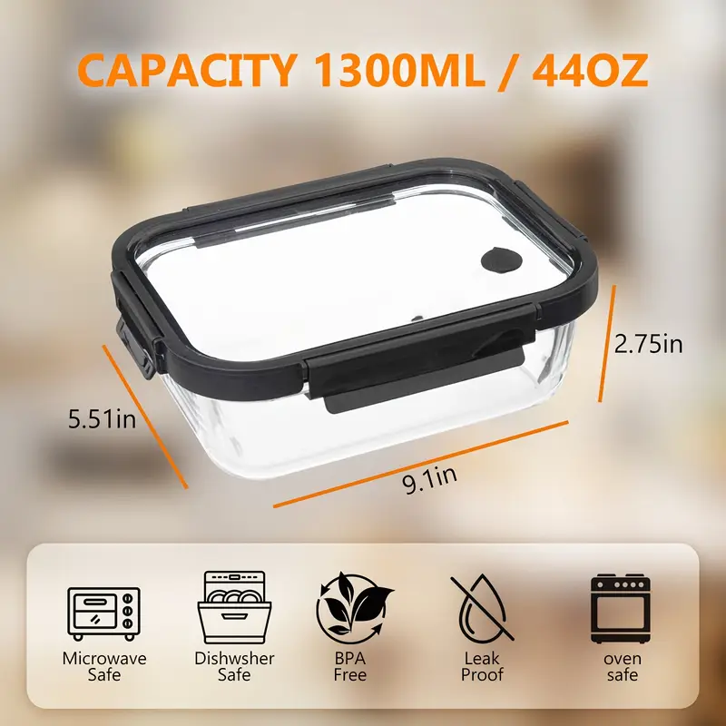 bylworkout 44oz high quality borosilicate glass lunch box with glass lid suitable for microwave refrigerator oven reusable fresh keeping boxglass food storage containers with lids Product details 1