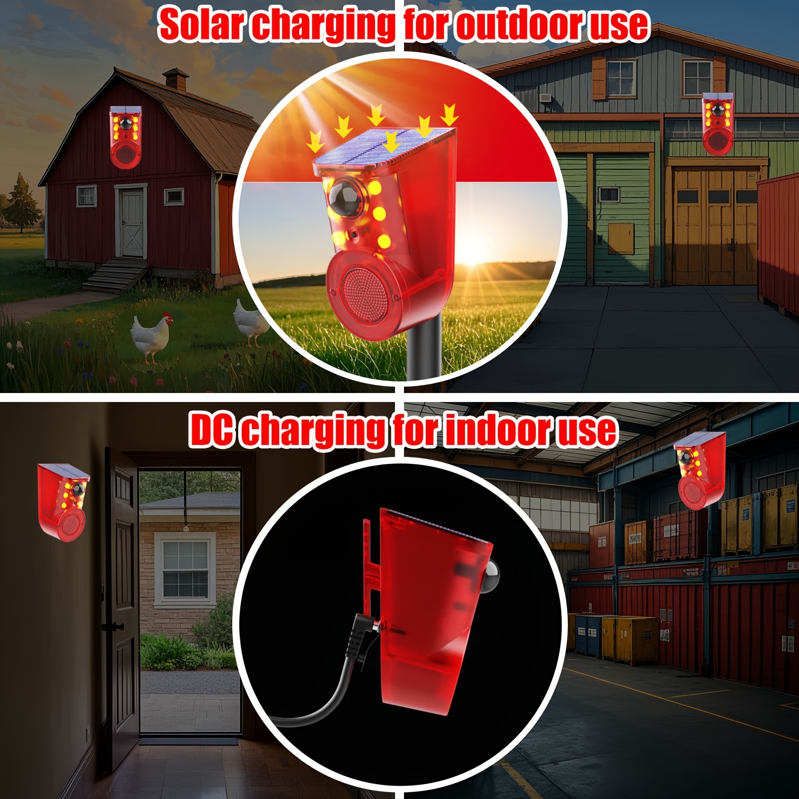 Dispositivo de Alarma con Sensor de Movimiento Solar - Multi-Modo, Detección de Gran Angular, Generador de Ruido, Detecta Movimiento, Disuade Intrusos. Excelente. Alarma de 129Db y Luces Estroboscópicas para Seguridad Interior y Exterior
