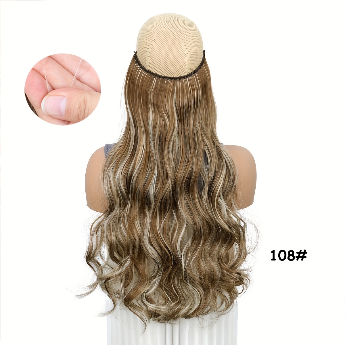 Image of 20-inch Invisible Wire Hair Extensions For Women - Adjustable Headband, Heat Resistant Synthetic Long Curly Highlights, No Clips Needed