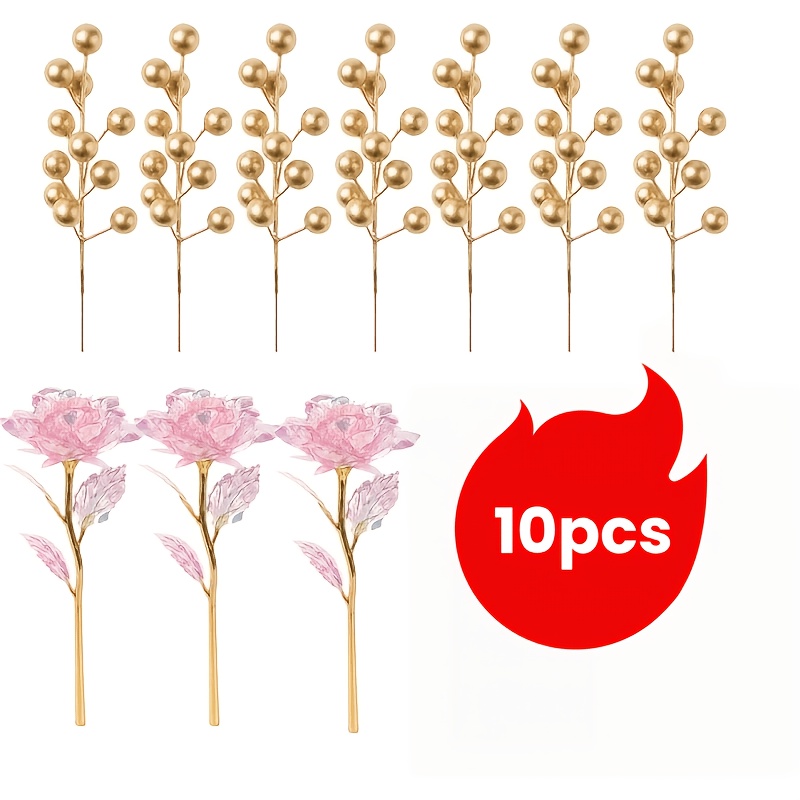 TEMU 10pcs Artificial Crystal Gold-plated Eternal Pink Rose With , Iridescent Artificial Decor - Maintenance-free, Ideal For Valentine's Day,