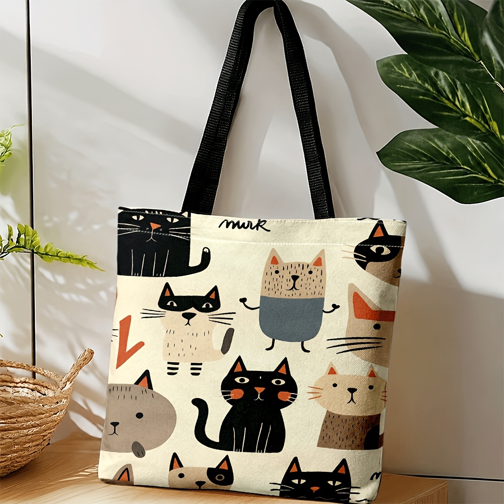 TEMU Women's Crossbody Tote Bag Cute Cat Print Pattern Cream Background With Black, Orange, Gray Accents Daily Commute Spring