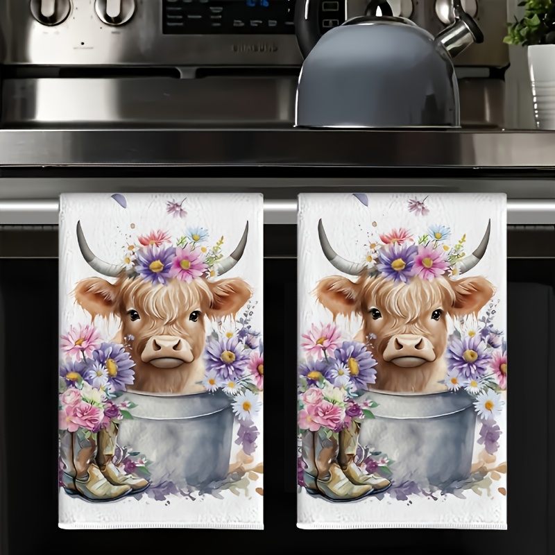 TEMU 2-strip Pack High- Towels, 16x24 Inches Watercolor Floral Cow Pattern, With Cowboy Boot Design Dishcloth. Strong Absorbent, Suitable For