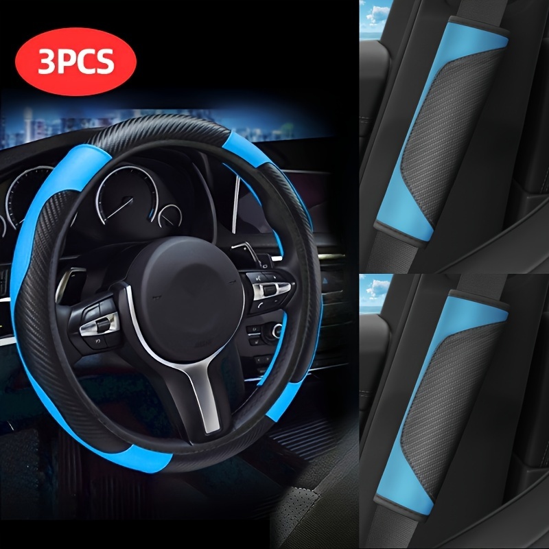 

3pcs Car Steering Wheel Cover Set With Carbon Fiber Pattern & Shoulder Pads, Polyester Fiber, Universal Fit For Driving