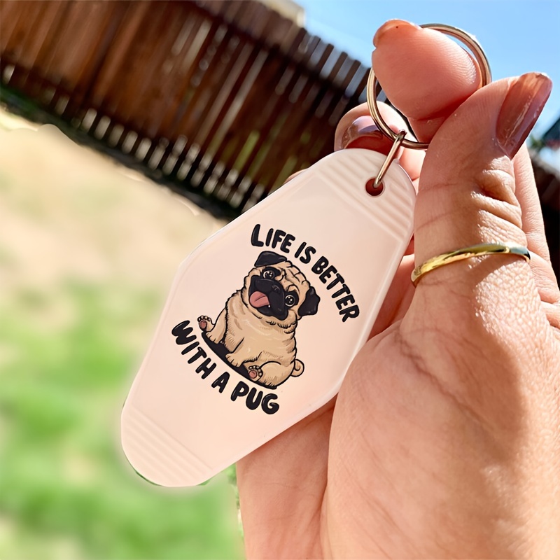 

1pc Resin Pug Keychain, " With A Pug" Engraved, Alphabet Theme, Single Piece, Decorative Ring Keyring, Ideal Birthday Gift For Dog Lovers