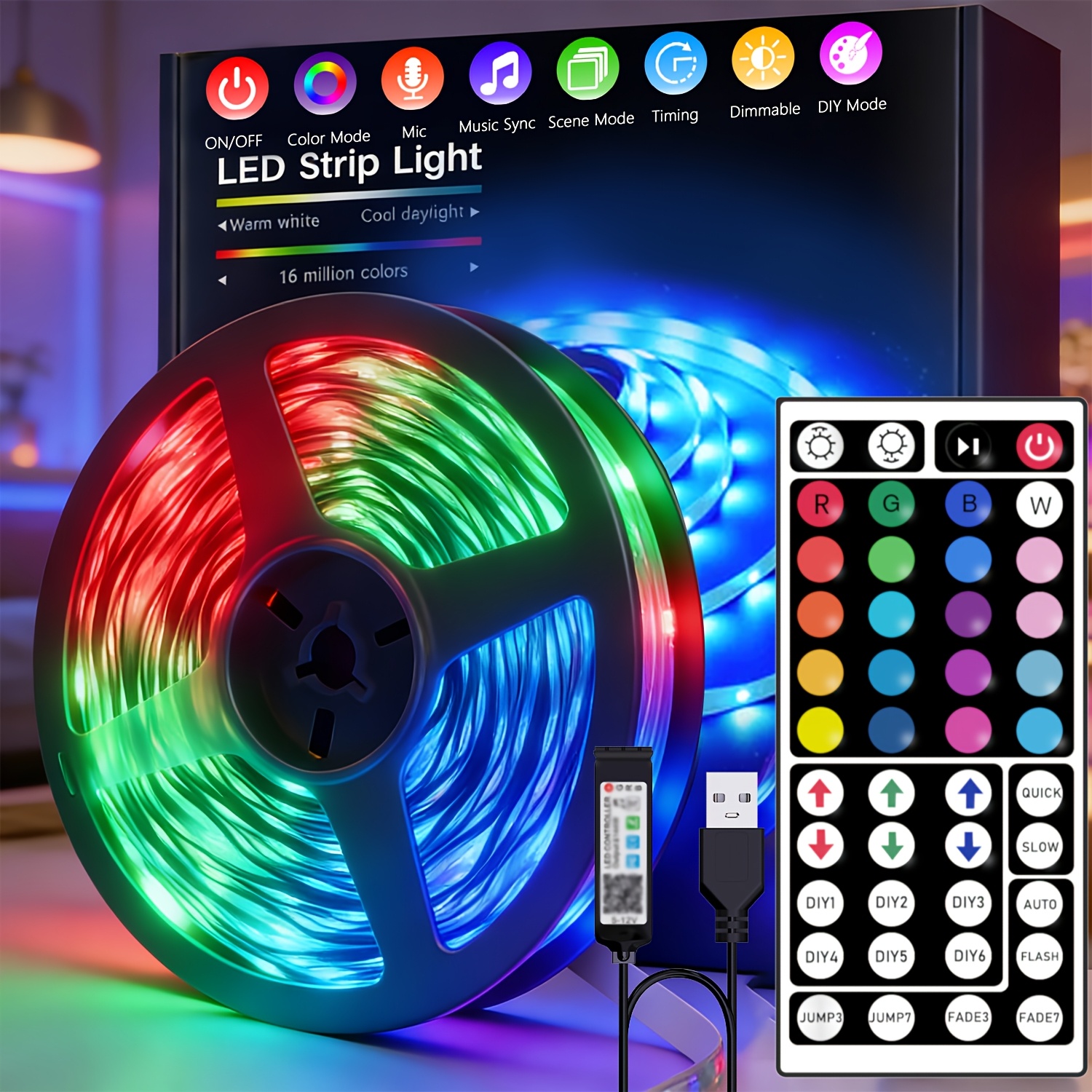 16 4ft 32 8ft 49 2ft rgb led strip lights with remote control 45leds m usb powered adjustable brightness and color   multiple lighting effects for tv room decor stairs holidays and gaming