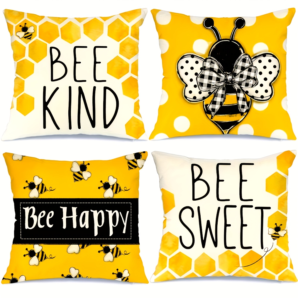 

4-pack Bee-themed Throw Pillow Covers, 18x18 Inch, Honeycomb & Polka , Decorative Summer Farmhouse Cushion Cases For Sofa & Bed, Machine Washable Polyester, Zipper Closure