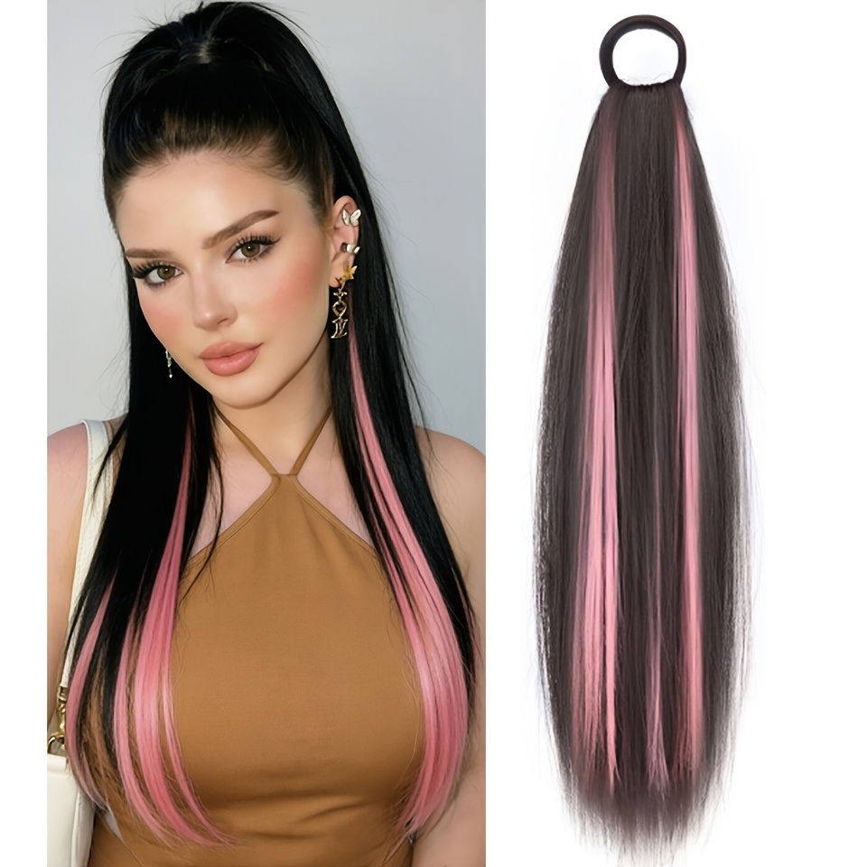 TEMU Extensión de cabello de de caballo larga y sintética de 18 pulgadas con banda elástica, de caballo trenzada en negro y marrón para mujer