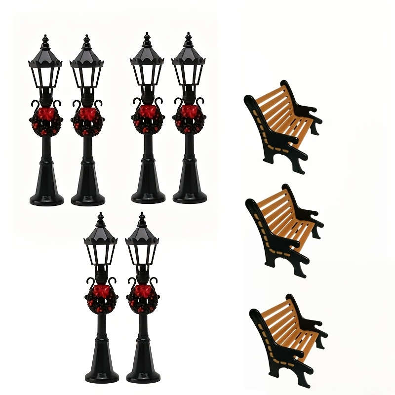 TEMU 9pcs Miniature Christmas Street Lamp And Park Bench Set Festive Accessories: Vintage Lamps With Wreaths And Mini Wooden Benches Winter Miniature