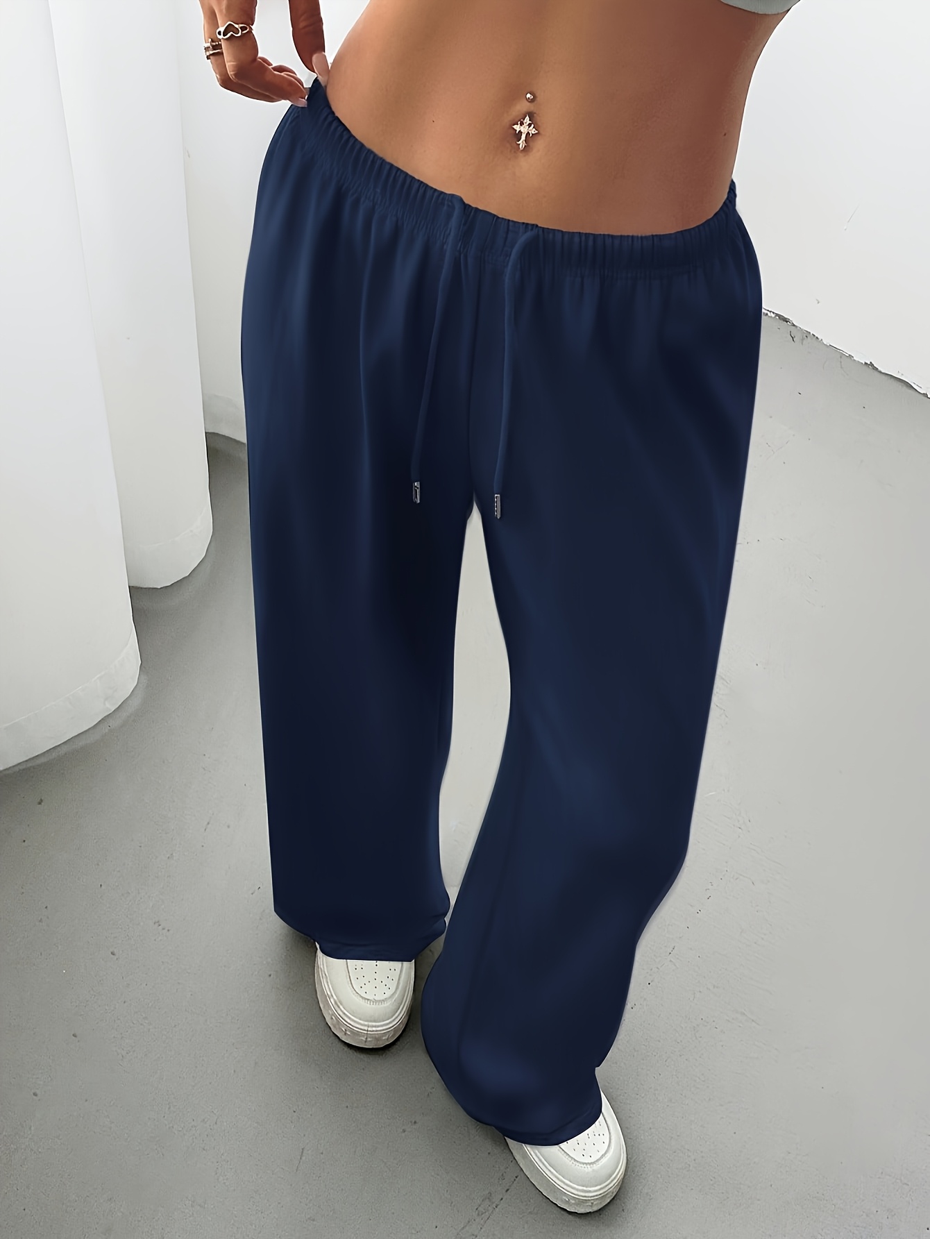 womens casual wide leg joggers gray drawstring waist elastic