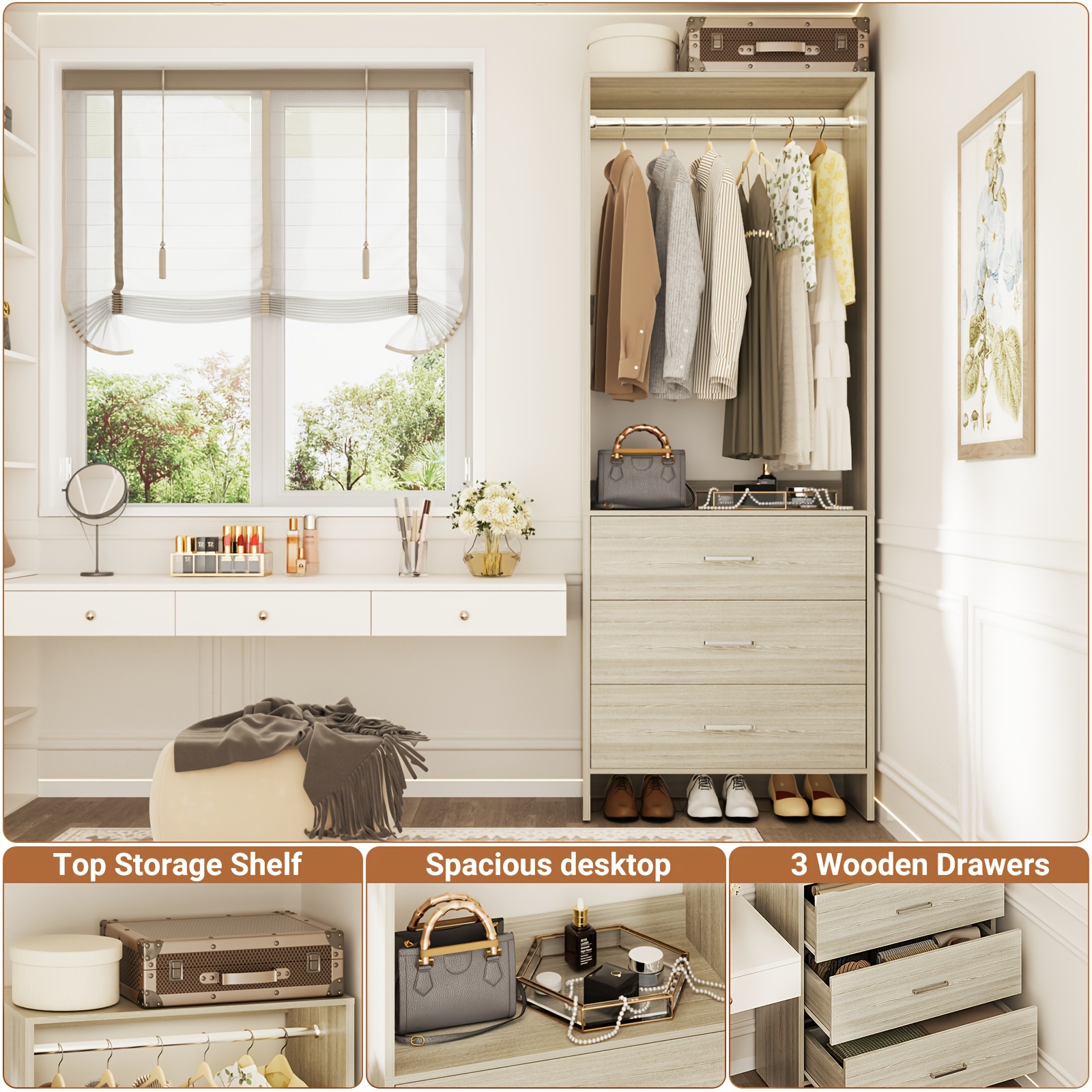 Wardrobe with 3 Drawers, 24 Inch Closet Organizer, Wooden Closet, Walk-in Closet