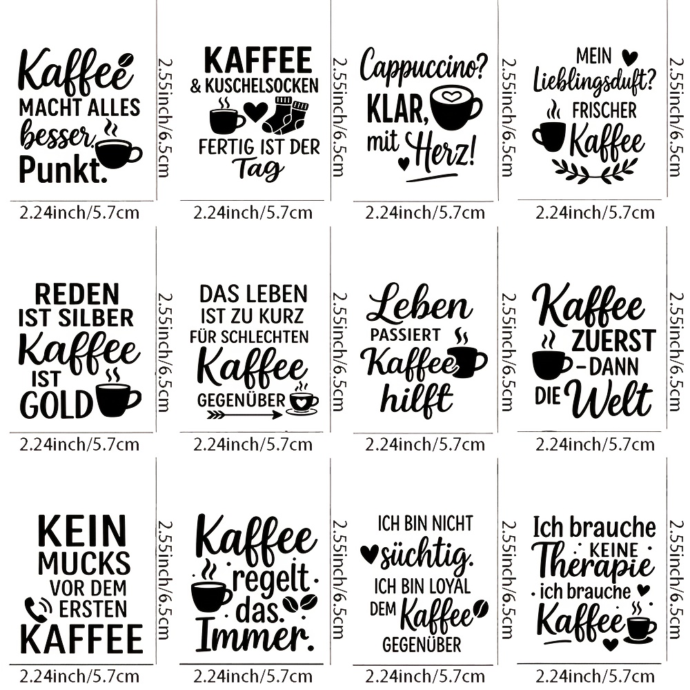 Image of 12pcs German Coffee Saying Theme Transfer Stickers Uv Dtf Decal Set - Multifunctional Durable Transfer Paper, Suitable For Furniture, Glass, Wood, Easy To Stick Home And