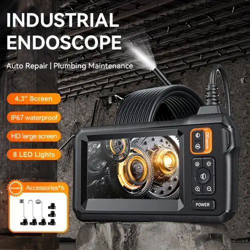 industrial endoscope camera with light 4 3 ips screen 1920p hd snake camera with 8 led lights 16 4ft semi rigid cord interchangeable nozzles ideal for sewer and machinery orange machinery examination portable endoscope durable plastic body