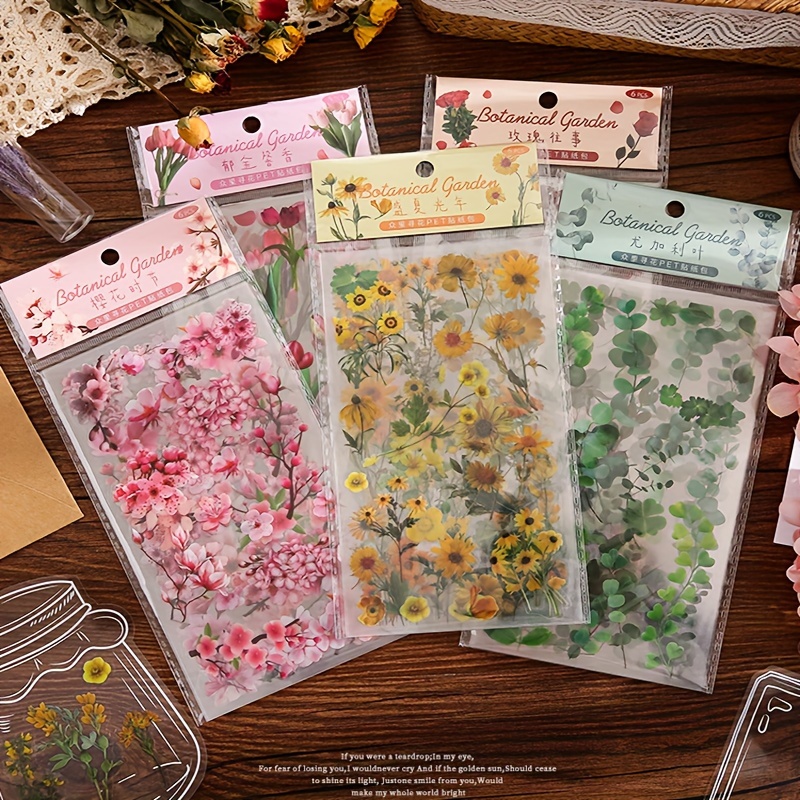 

6pcs/pack Decorative Stickers Retro Plant Flower Series Sticker Waterproof Transparent Pet Scrapbook Deco Material Stickers