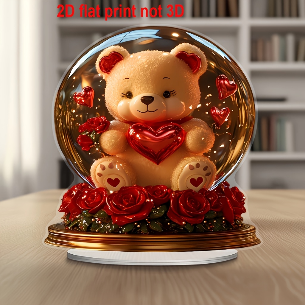 

2d Flat, 1pc Boho Style Teddy Bear With Roses Acrylic Decor, Desktop Display, Battery-free For Living Room, Bedroom, Study, Ideal Gift For