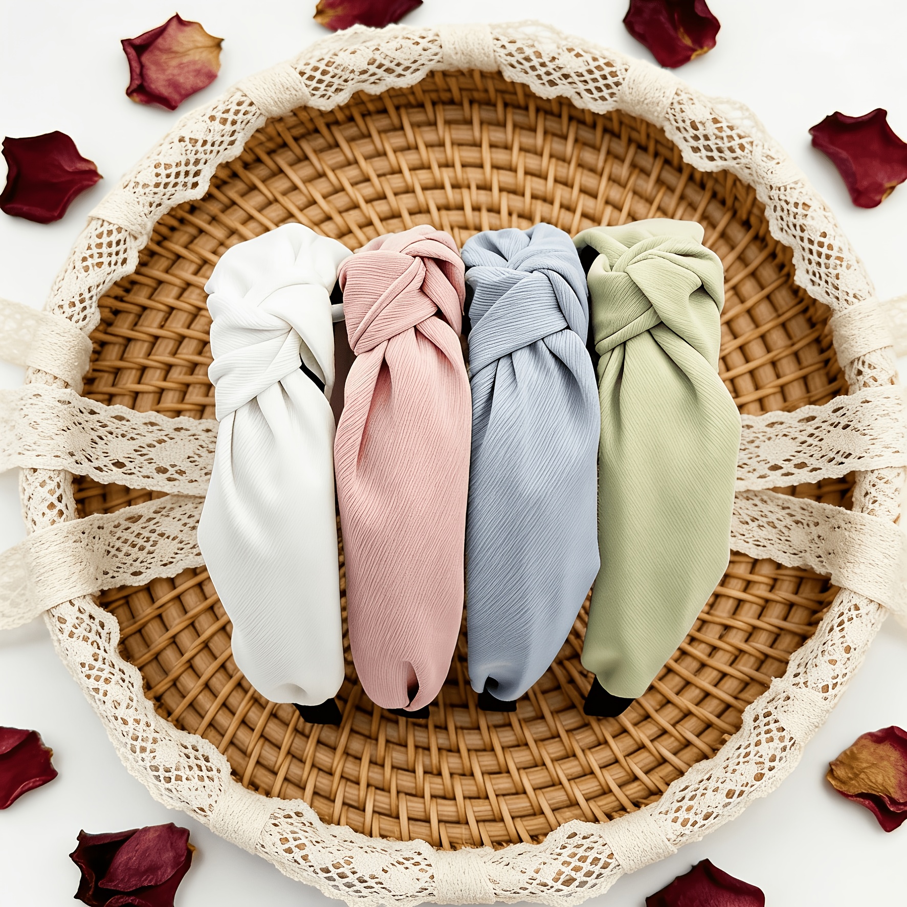 Image of 4pcs/ Of Stylish And Simple Knotted Hair Accessories For Women - Hair Hoops And Headbands. A Set Of Fine Plaid Fabric In Multiple Colors, Versatile For Daily And Casual Wear.