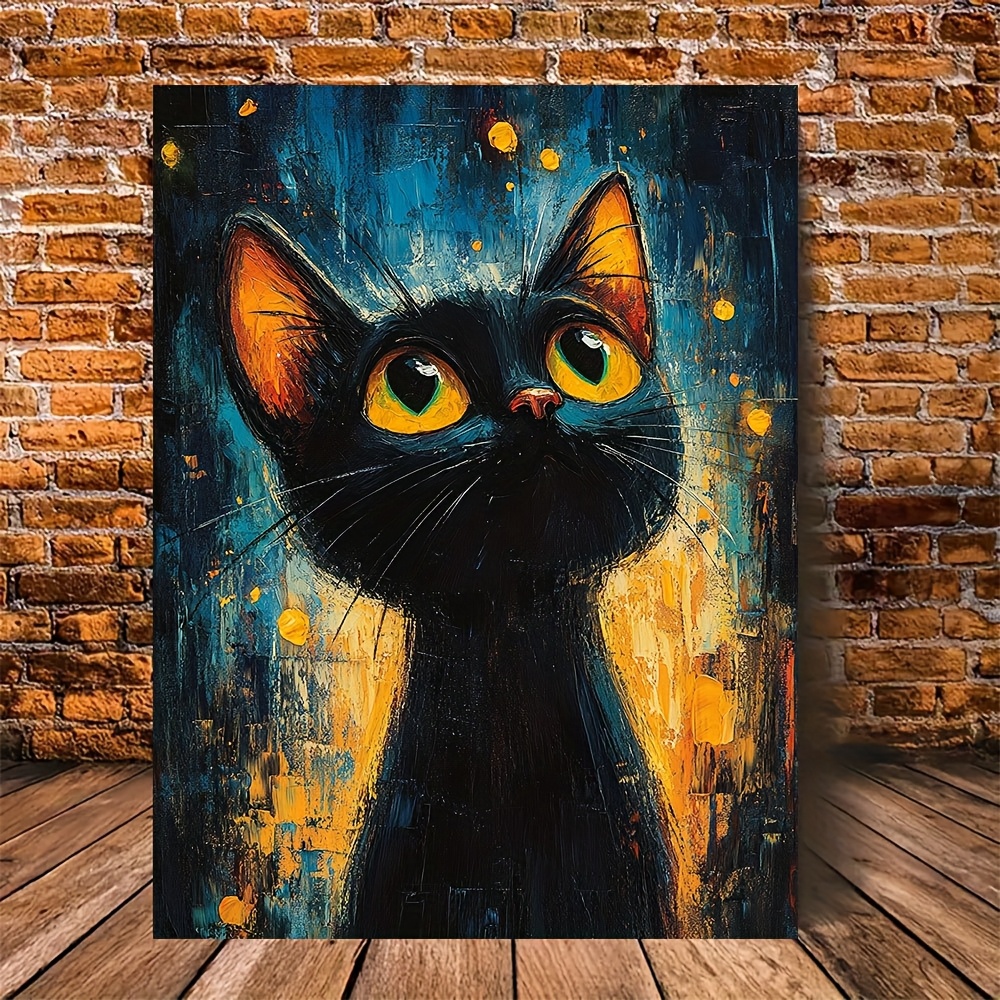 TEMU 2d Flat, Abstract Black Cat Art, Starry Night Gaze Wall Decor, 2d Flat Canvas Painting Wall Art, Framed Canvas Wall Art, Halloween Decorations