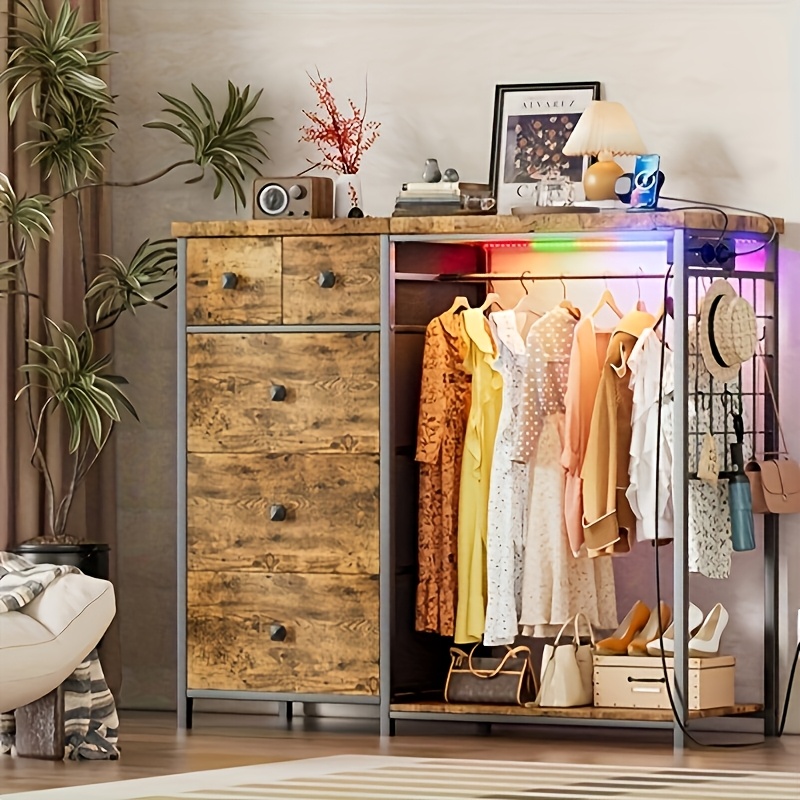 Image of 3-in-1 Drawer Wardrobe With Racks, Wooden Bedroom Wardrobe With 5 Drawers And Clothes Rail, For Bedroom, Living Room, 125x40x120cm, Brown