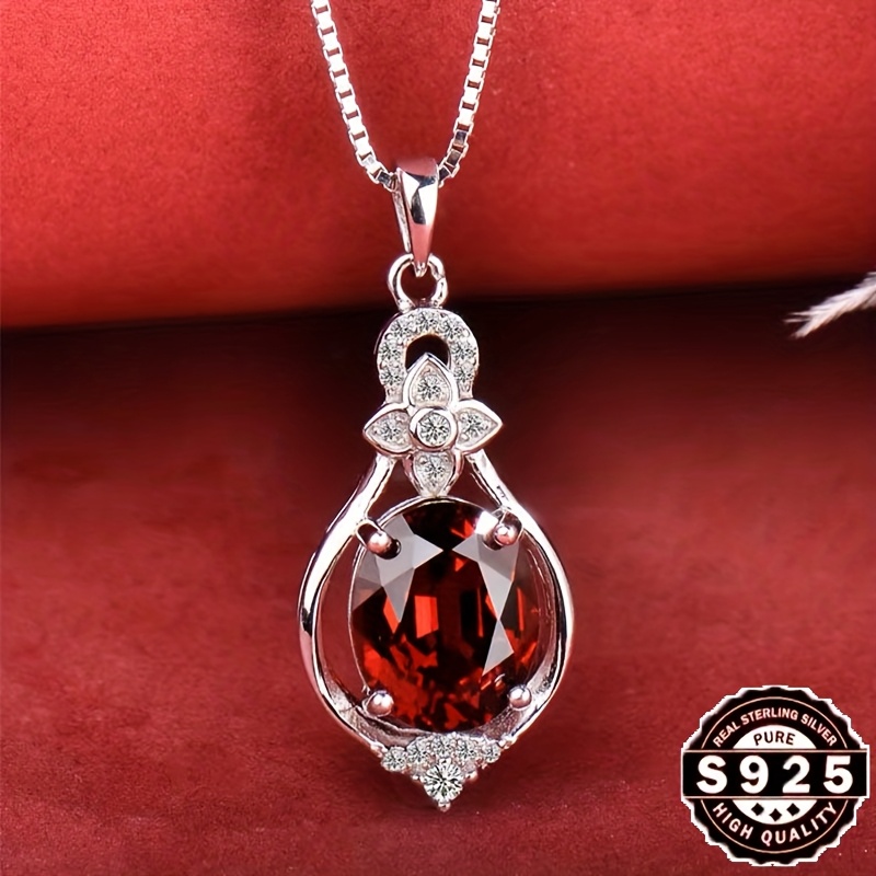 TEMU Elegant 925 Silver Pendant Necklace, -red Garnet, Oval-shaped, Hypoallergenic Jewelry- For Mom, Grape Patterns, Fashionable Gemstones, And