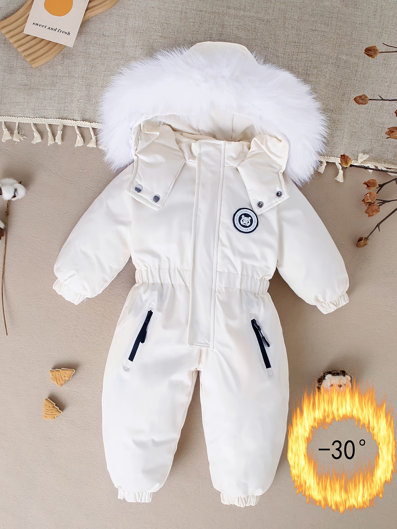 baby kids winter coat polyester stand collar zipper front thick insulated long sleeve jumpsuit with pockets solid color casual outfit for boys girls 1 5 years toddler winter clothes easy diaper change cute animal design durable snap buttons