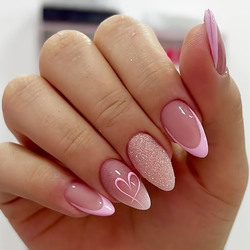 E-shop 24 Stück Romantische Rosa Mandelformige Press-On-Nägel mit , Glänzende Oberfläche, Wiederverwendbare Kunstnägel