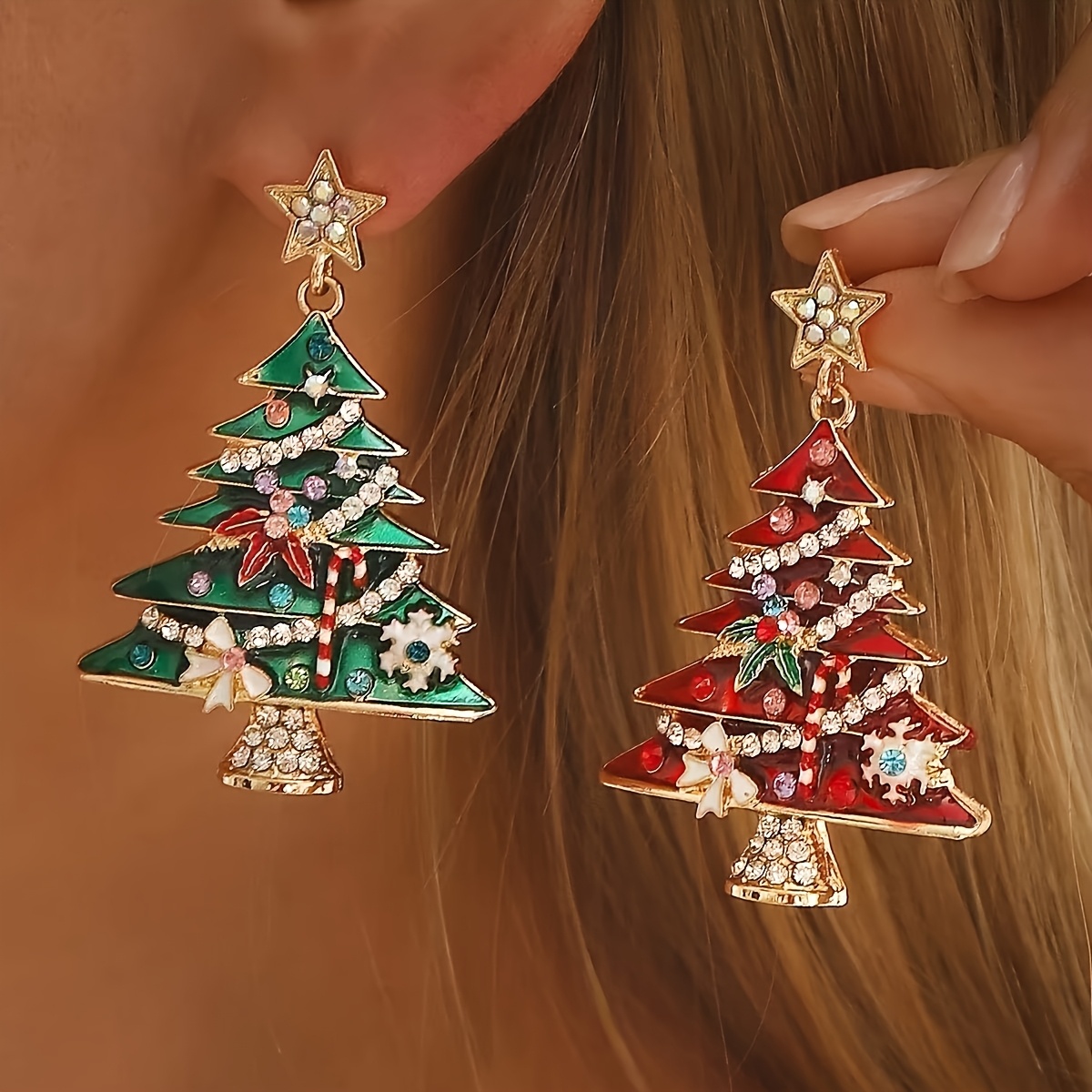 Women's Blingbling Enamel Christmas Tree Dangle Earrings