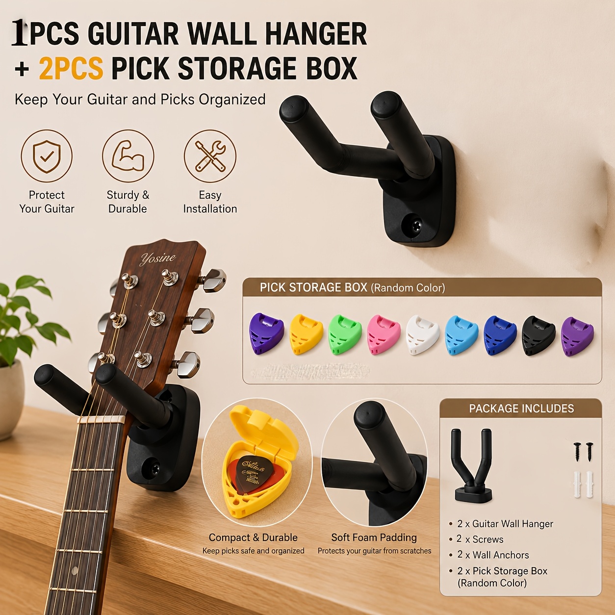 TEMU 1pc Guitar Wall Mount Rack, With 2pcs Random Storage Boxes, Protected Guitar Hooks, Suitable For Acoustic Guitar, Electric Guitar, , Ukulele,
