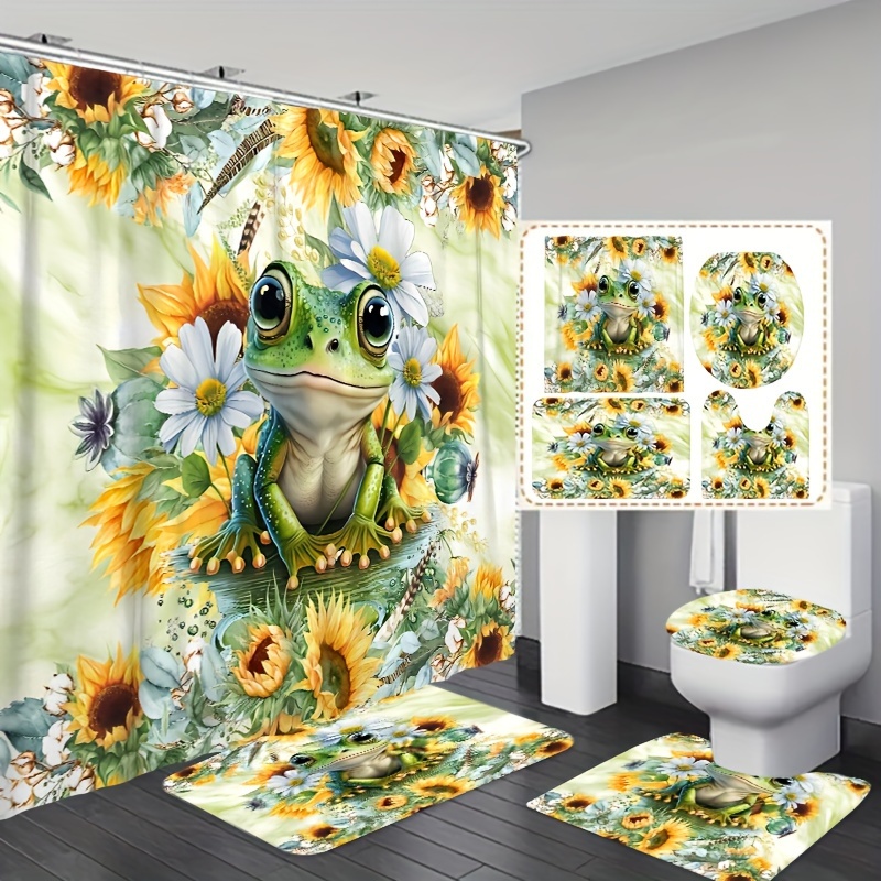 

1/3/4pcs Sunflower & Frog Printed Shower Curtain Set, Waterproof Shower Curtains With 12 Hooks, Non Slip Carpet, Toilet Lid Mat, U-shaped Bath Mat, Home Decoration, Bathroom Accessories