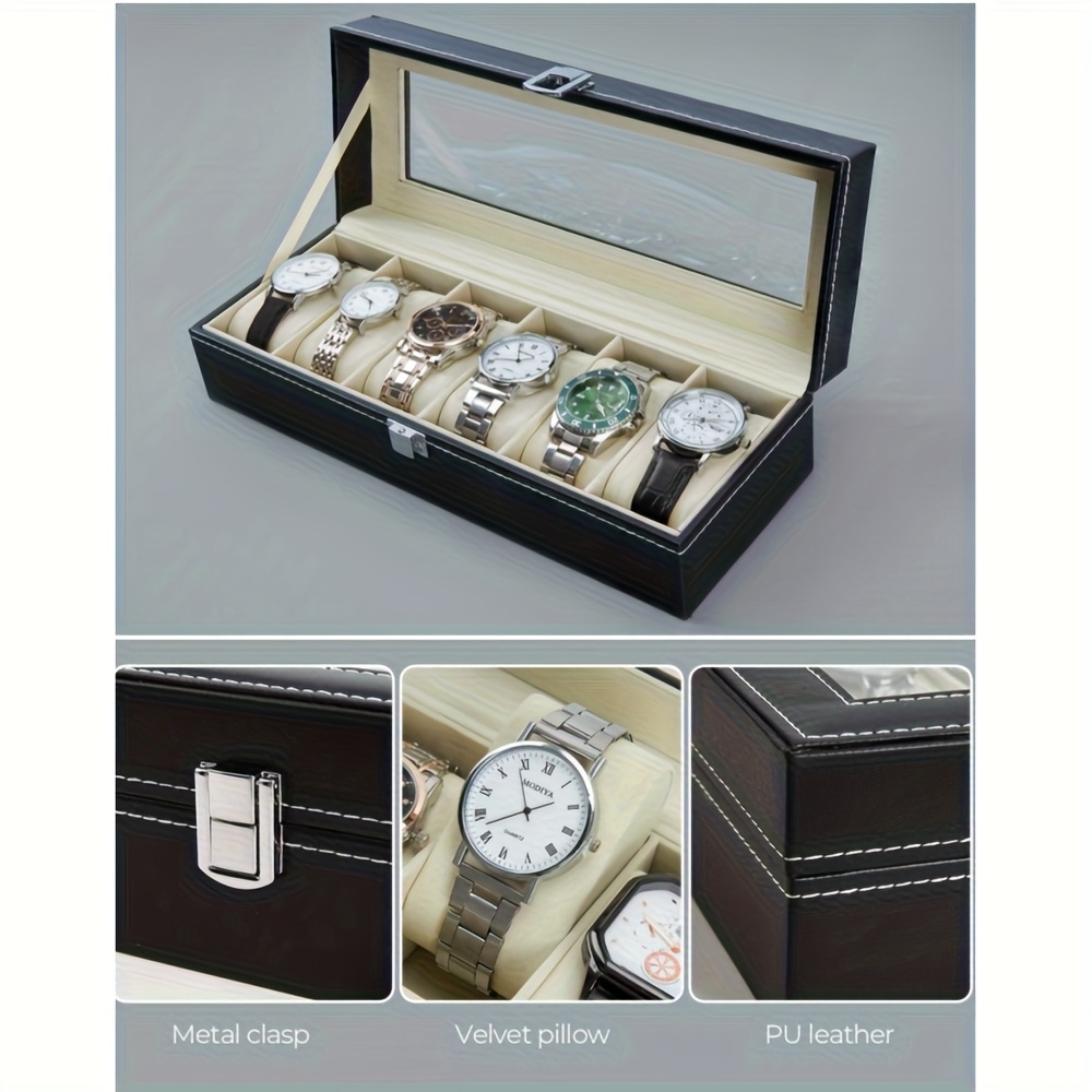 6 slot watch display box storage case with glass lid lockable   organizer cabinet rectangular watch shelf with wood interior for mens womens watch collection for   use Product details 6