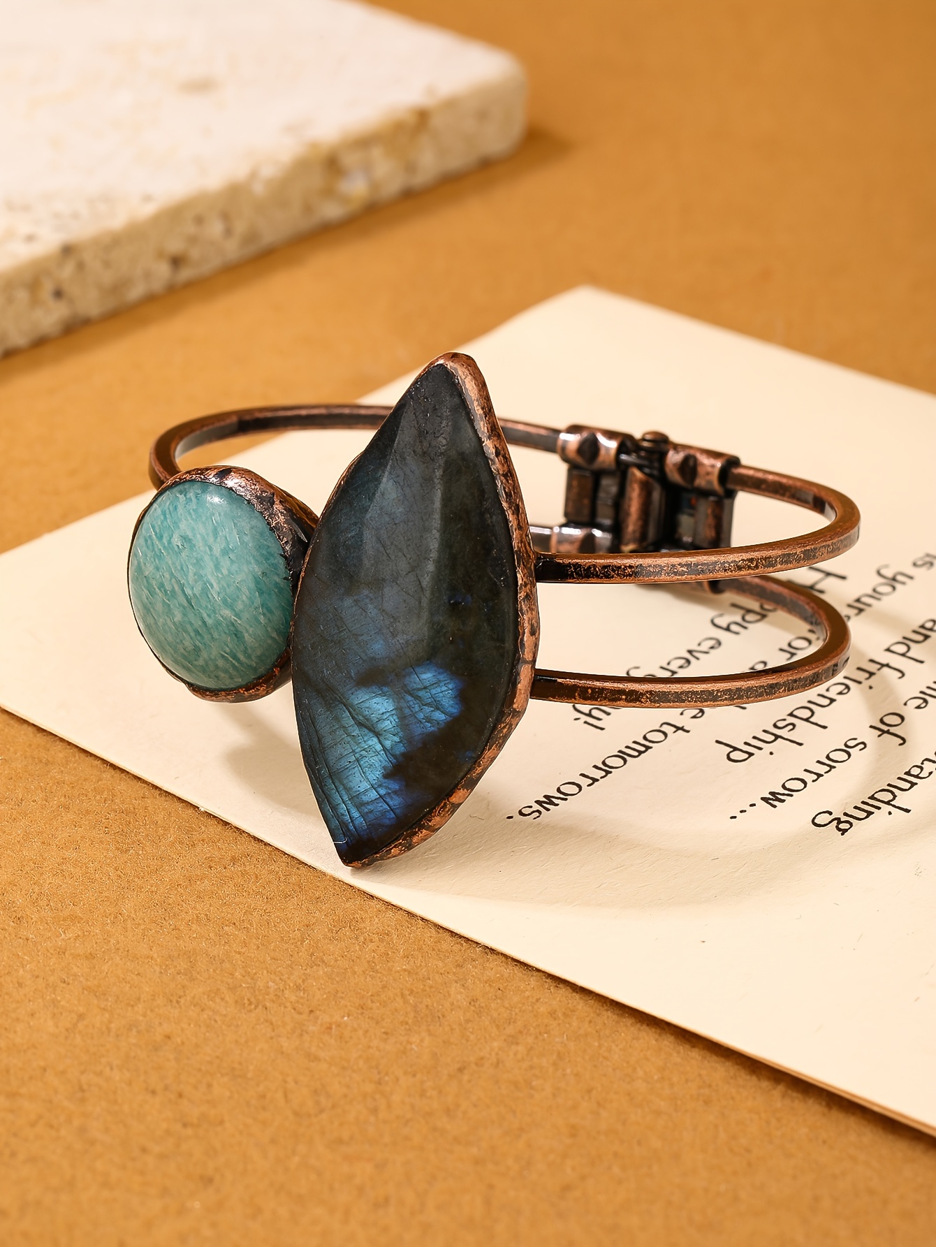 natural labradorite with random color random shape some black spots and sand   are natural   not damaged a vintage   labradorite combination natural   stone exaggerated and   handmade welding electroplating antique copper color bracelet womens party gift details 2