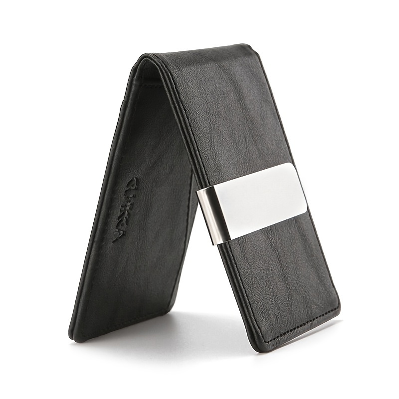 TEMU Slim & ' With Money Clip - Black Leather, Front Pocket Credit Card Holder, Bifold Design With Id Window - Ideal For Christmas, Valentine's, Thanksgiving Gifts, Small Wallet