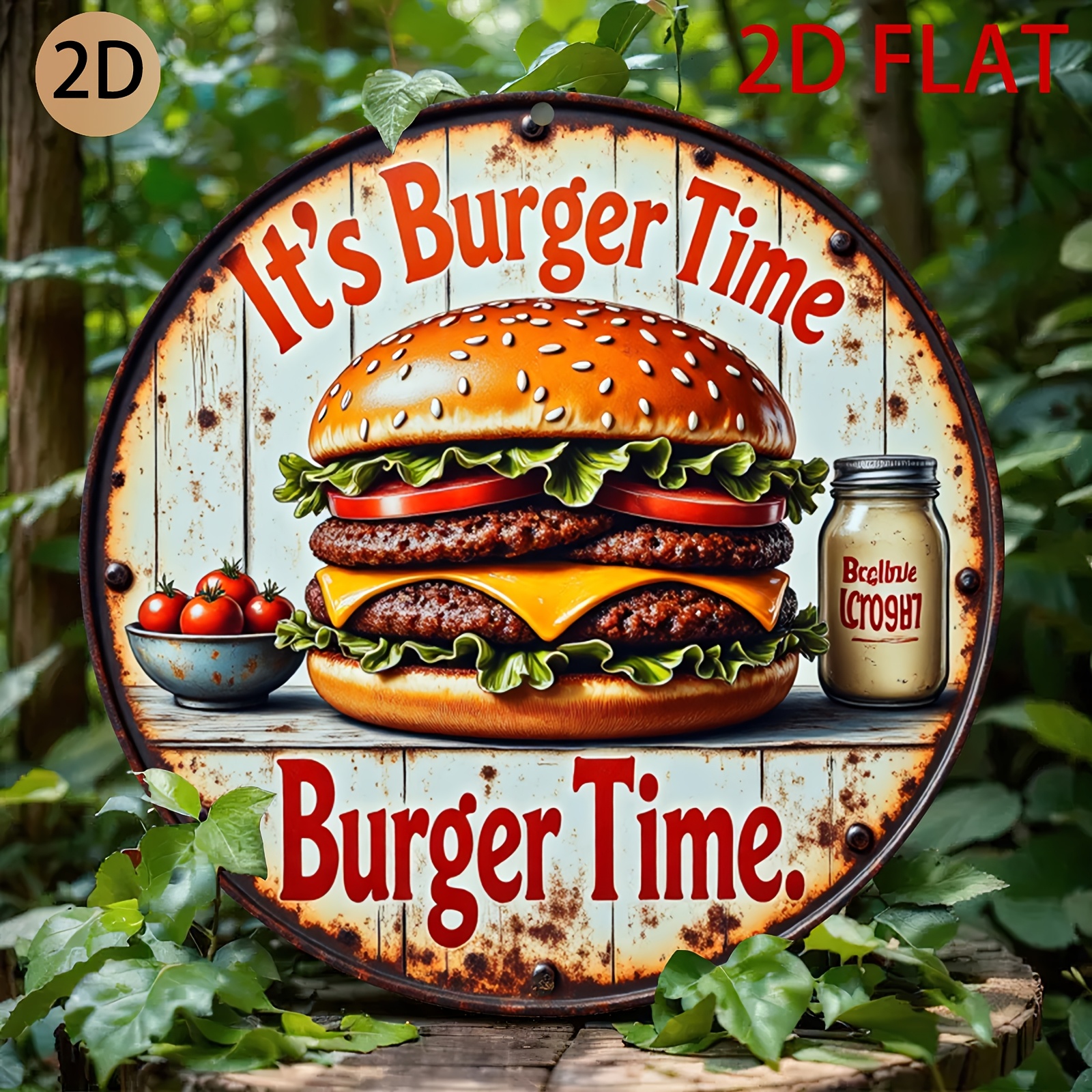 TEMU 2d Flat - A Retro Tin Sign Featuring A Circular , Perfect For Decorating Kitchens, Dining Spaces, Or Burger Restaurants