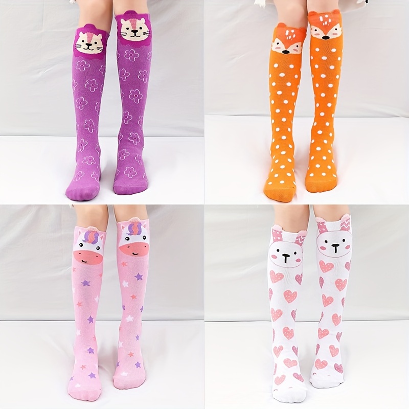 

Cat Pattern 4 Pairs Girls Knee High Stocking Socks, Comfy Breathable Sweat Resistant Anti-odor Socks For Spring Summer