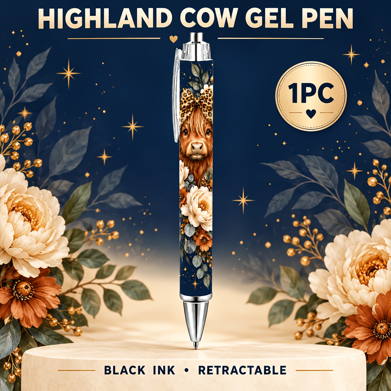TEMU 1pc Highland Cow Gel Pen, Black Ink Retractable Pen With Clear Acrylic Clip, Leopard Bow Floral Stationery Gift