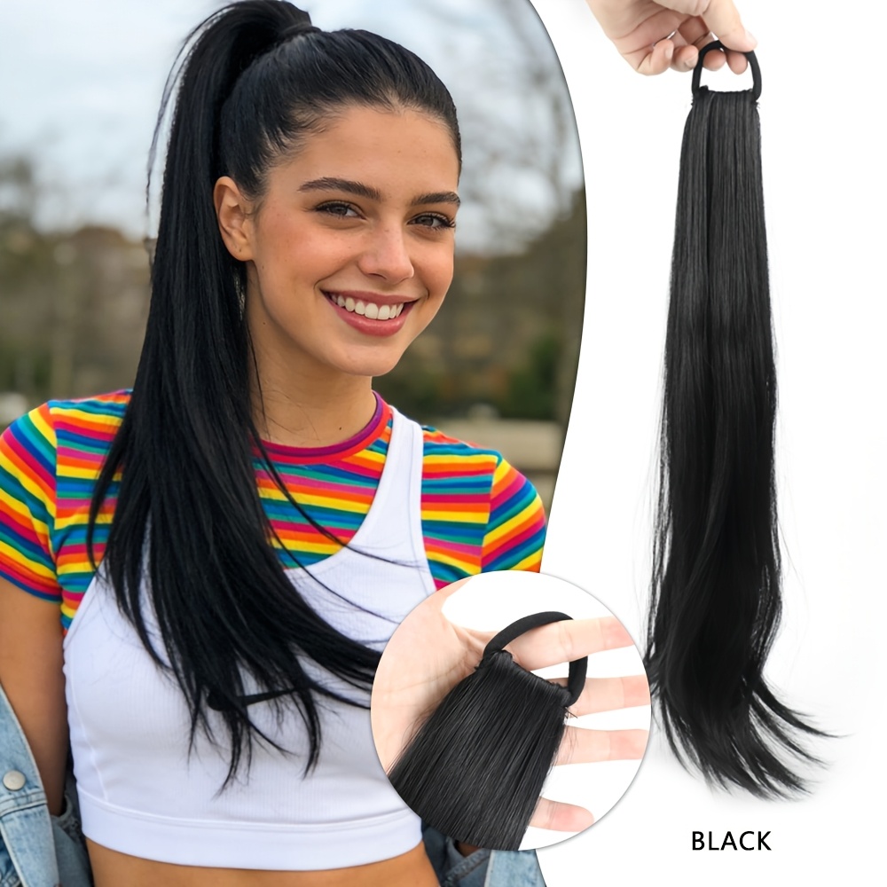 TEMU 22 Inch Layered Straight Elastic Band Ponytail Extension - Heat Resistant Synthetic Hair, Non-slip Wrap Around Ponytail For Daily Commute,