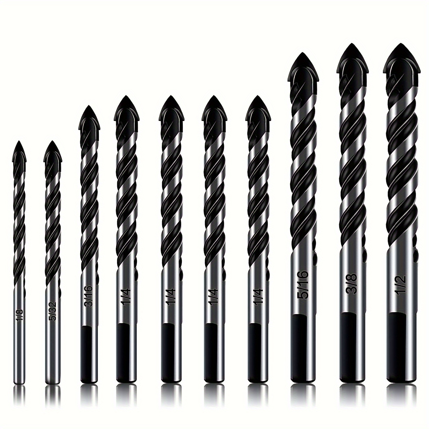 

Facoow Professional Masonry Drill Bit Set (10/12 Pcs) - Industrial Carbide Tips For Glass, Brick, Plastic, Cement, Wood, Tile & More, 1/8"-1/2" Shank