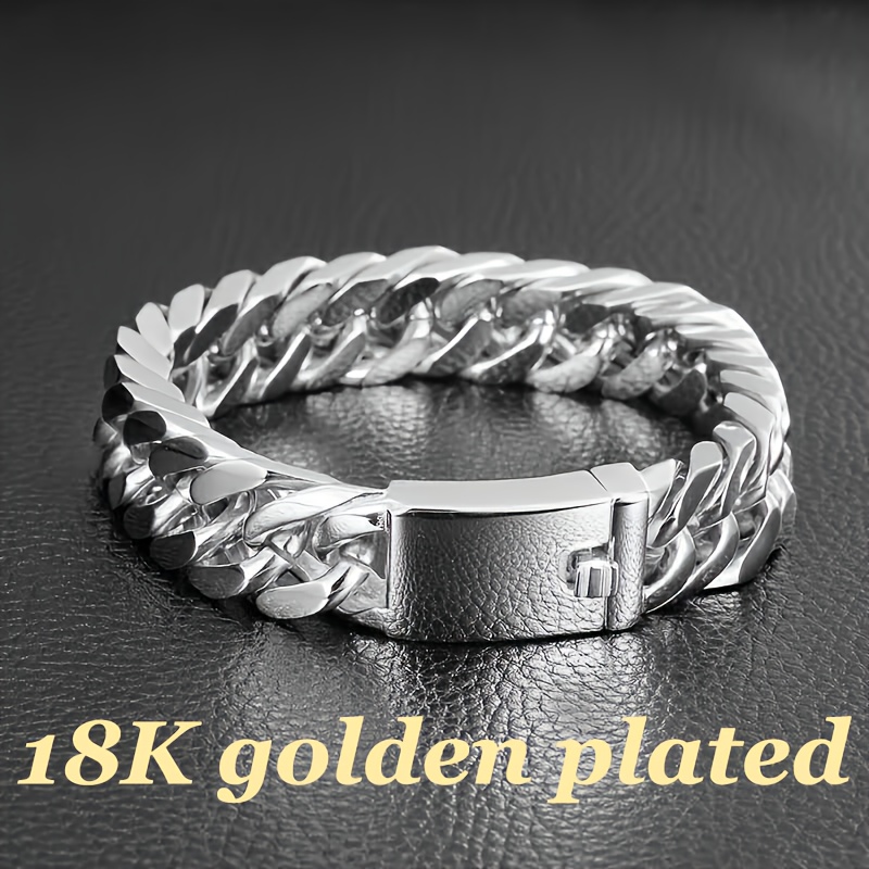 TEMU 1pc Vintage 18k Gold Plated Cuban Chain Bracelet Hip-hop Bracelet Rapper Bracelet Stylish Unisex Jewelry Wear, Parties, Birthdays, Music