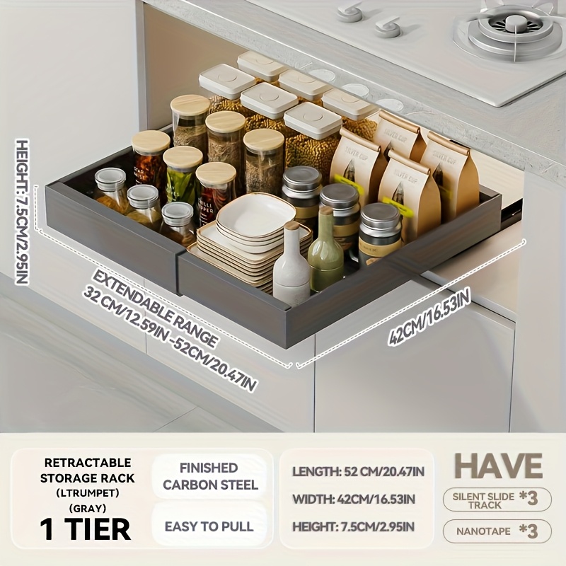 TEMU Expandable Kitchen Storage Drawer - Smooth Gliding, High-quality Carbon Steel, Corrosion-resistant And Rust-proof, An For Kitchen, Bathroom, And