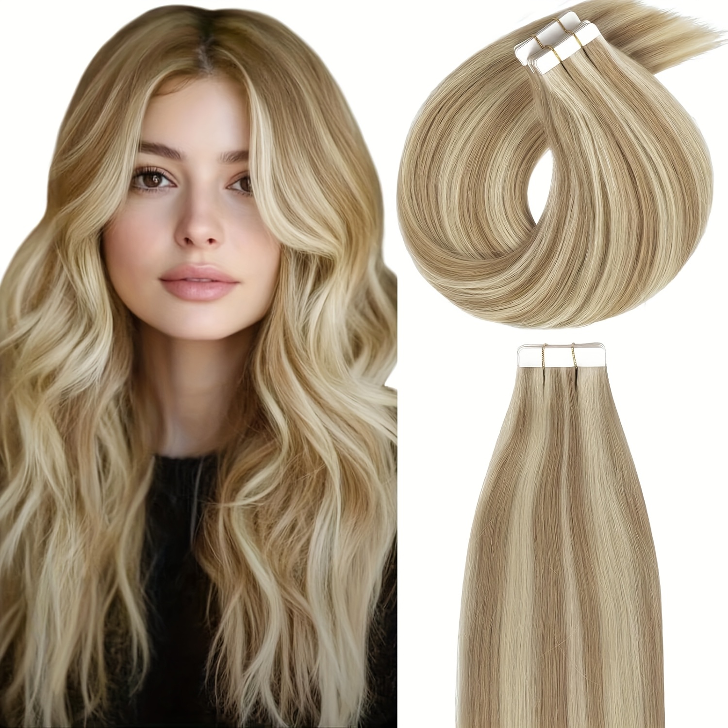 TEMU 20pcs Straight Tape In Hair Extension For Seamless Invisible Balayage To Highlight Bleach Blonde For Thin Hair Woman Natural Look Top Quality Highlight Color Hair Extentions