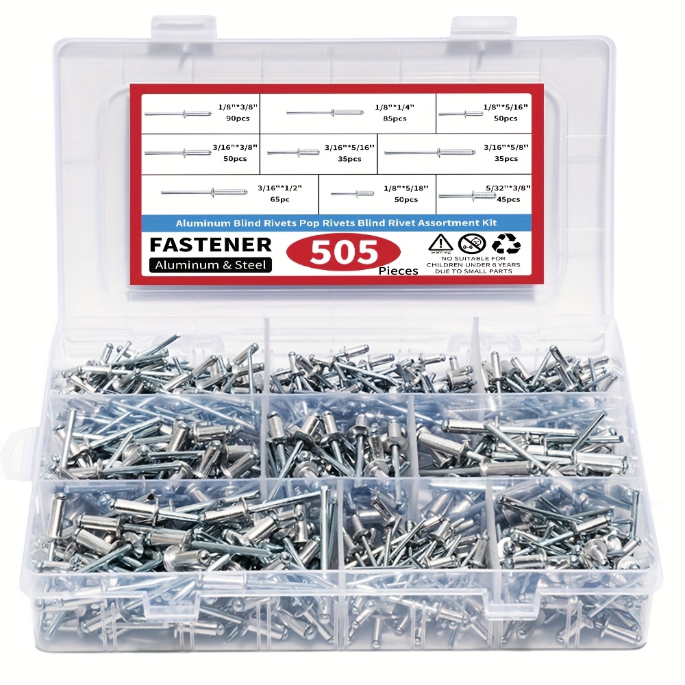 Image of A Set Of 505 Aluminum Blind Rivets In 9 Different Sizes, Including 1/8", 3/16", And 5/32" Diameters