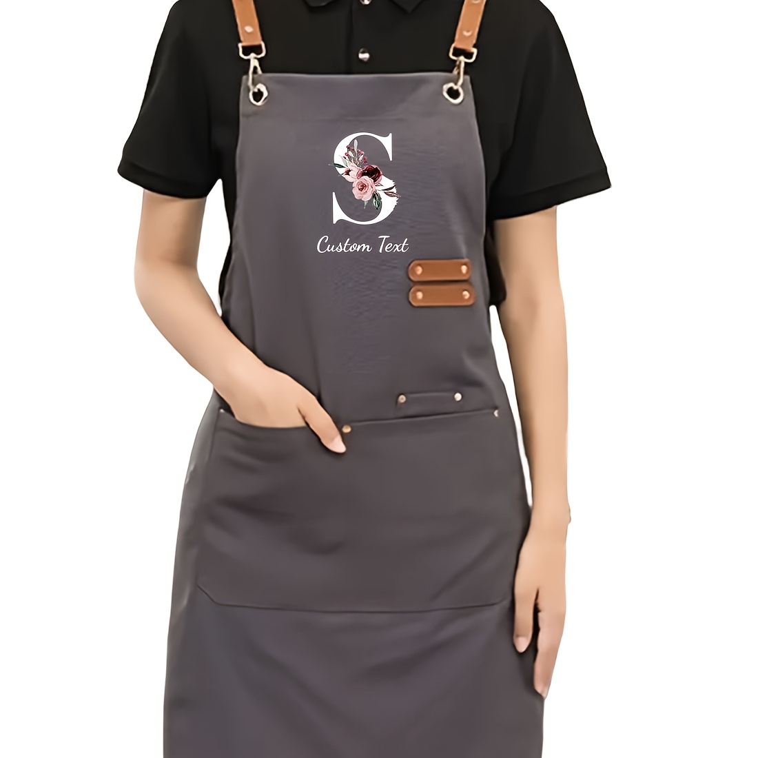 TEMU 1pc Personalized Custom Unisex Apron With Initial Design, Letters And Floral Elements, Customizable Text, Unique Gift For , Hairstylists,